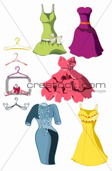 Set of bright dresses and coat racks