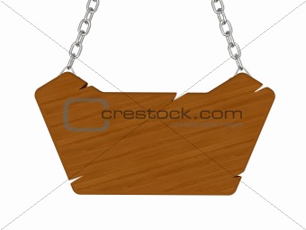 Crashed wooden signboard with chain isolated on white