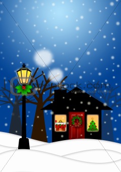 House and Lamp Post in Winter Christmas Scene Illustration