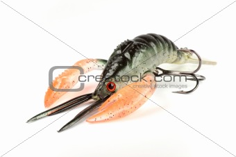 rubber artificial crab bait to catch black bass with a white background Horizontal