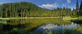 Marichaika lake among fir trees panorama