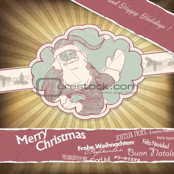 Retro Santa Claus greetings in different languages. Christmas ba
