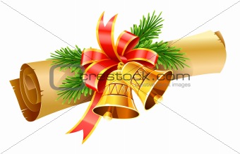 gold christmas bells with red bow and paper scroll