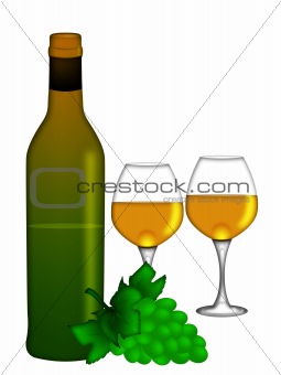 White Wine Bottle and Two Glasses and Bunch of Grapes