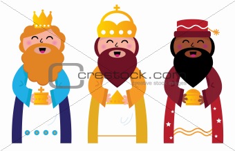 Three wise men bringing gifts to Christ, isolated on white