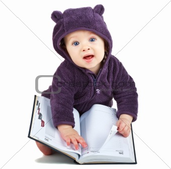 Child with a book on white background