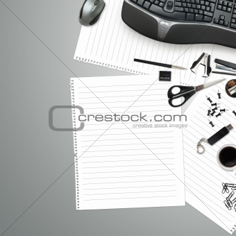Office table with stationery accessories, keyboard and empty pap