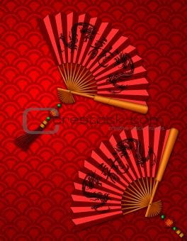 Chinese New Year Dragon Fans on Scales Pattern Background