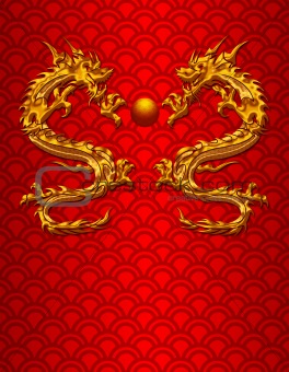 Pair of Chinese Dragons on Scale Pattern Background