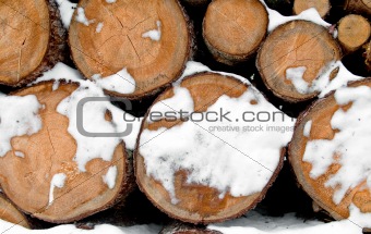 Log stack lumber with snow