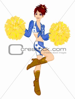 Cheerleader in blue briefs with yellow pom-poms