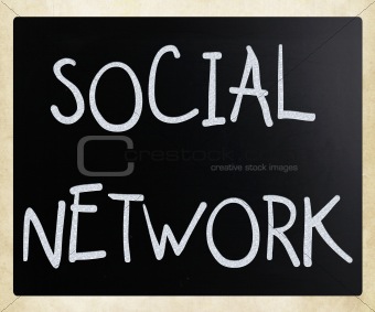 The word "Social network" handwritten with white chalk on a blac