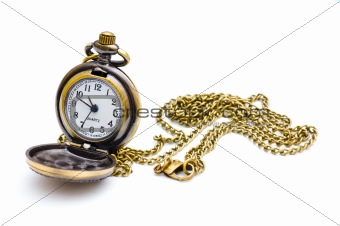 Old beutiful pocket watch. Isolated on white background.