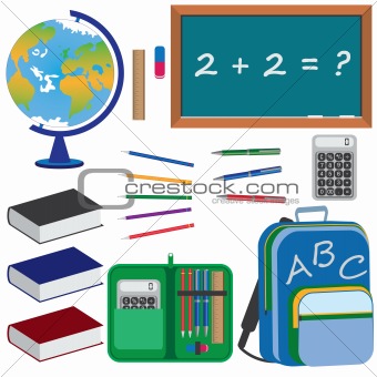 Set of objects for education in school.