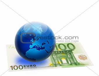 United Europe flag and globe over 100 euro