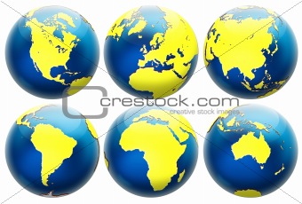 Six different positions globes isolated on white