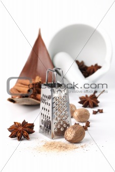 Spices, grater and mortar