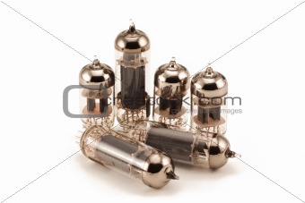 Six vacuum glass valves on white