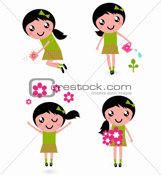 Cute little girl with spring Flowers isolated on white