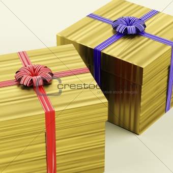Gold Gift Boxes With Ribbon As Birthday Present