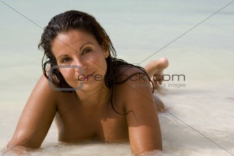 Nude Brunette Woman in Ocean Water