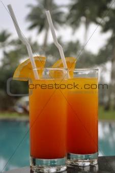 Two Glasses of Tequila Sunrise by a Pool