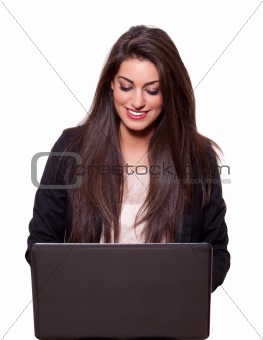 Beautiful young business woman with a laptop, smiling