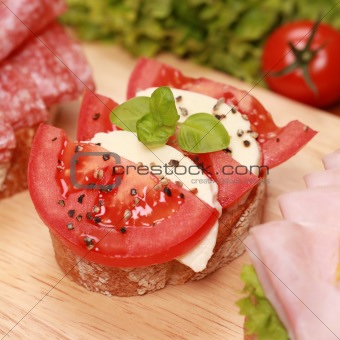 Fingerfood with mozzarella cheese and tomatoes