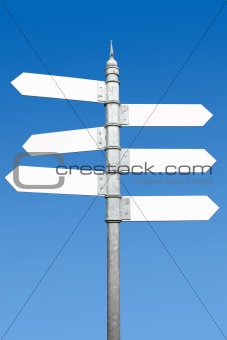 Multidirectional six way signpost with blank spaces for text.