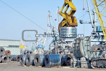 rolls of steel sheet in harbor
