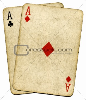 Old vintage dirty aces cards, isolated over white.