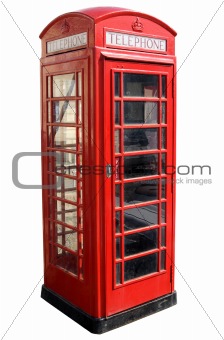 Classic red British telephone box.