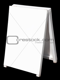 A white street sign, isolated on a black background.