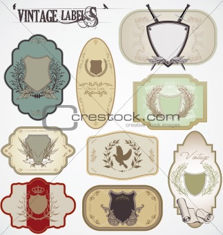 vintage labels with laurel wreaths and shields