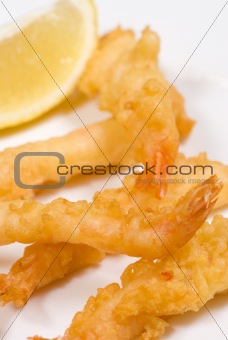 Portion of tempura prawns