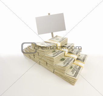 Stacks of One Hundred Dollar Bills with Blank Sign Isolated on Gradation.