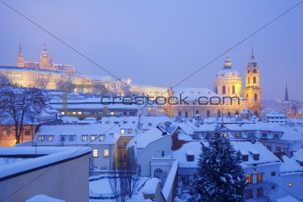 prague - hradcany castle and rooftops of mala strana in winter