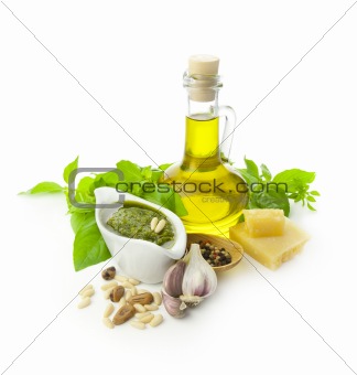 Fresh Pesto and its ingredients / isolated on white