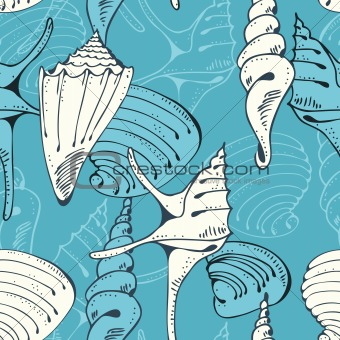 Seamless blue pattern with shells