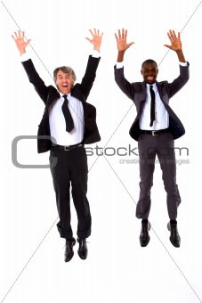 two businessmen jumping