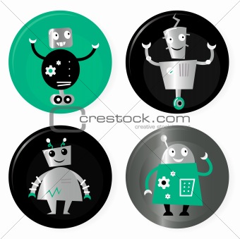 Cute retro robots badget collection isolated on white