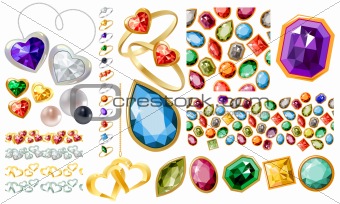 Big jewellery set with gems and rings