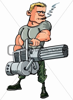 Cartoon soldier with a mini gun. Isolated on white
