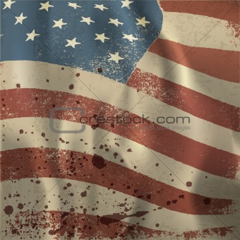 Waving vintage American flag textured background. With dry blood