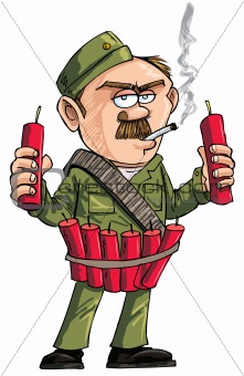 Cartoon Sapper with dynamite sticks. Isolated on white