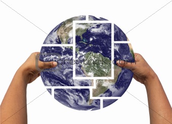 Woman assembling and holding earth photos 