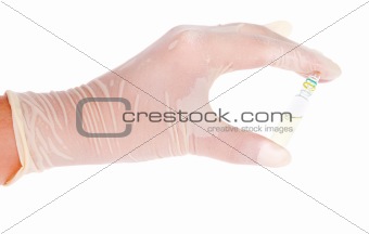 Hand with ampule on white