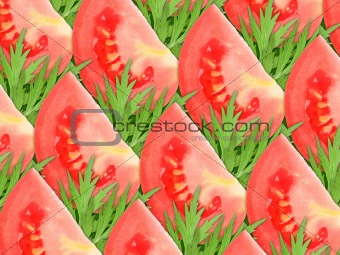 background of red tomatoes and green leaf