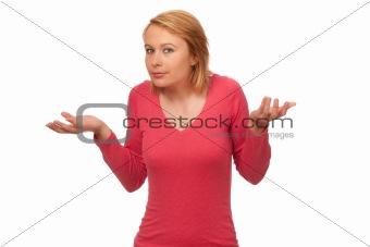Uncertain young woman in pink sweather isolated on white backgro