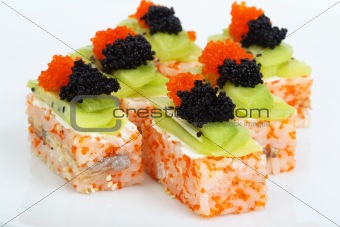 Sushi with a red and black caviar